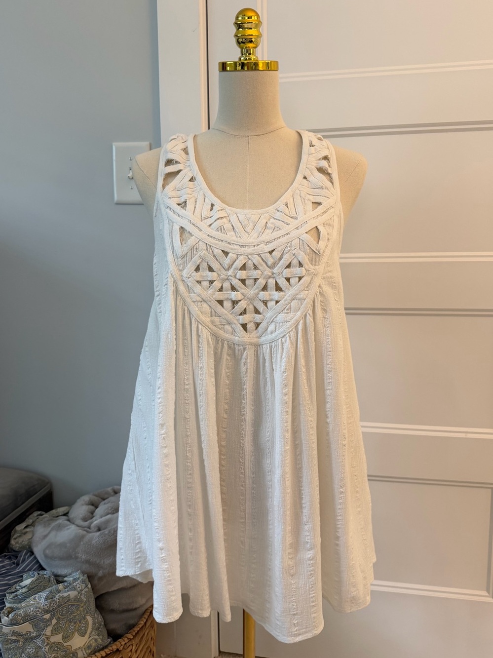Billabong White Cross Back Crochet Yoke Mini Dress